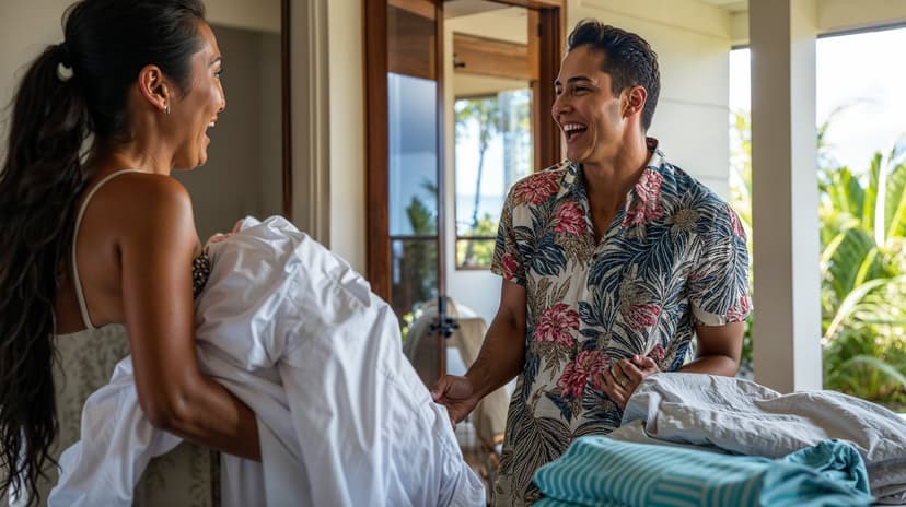 Happy couple with fresh laundry in Hawaii
