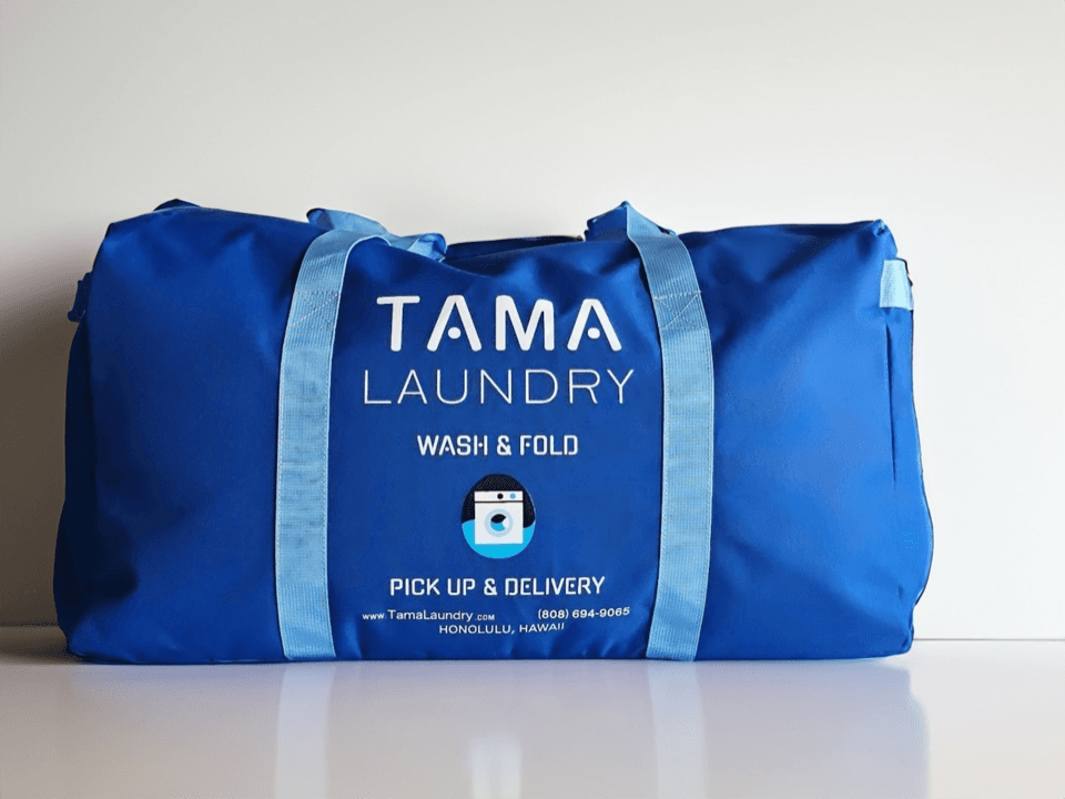 Blue Tama Laundry duffel bag with branded logo